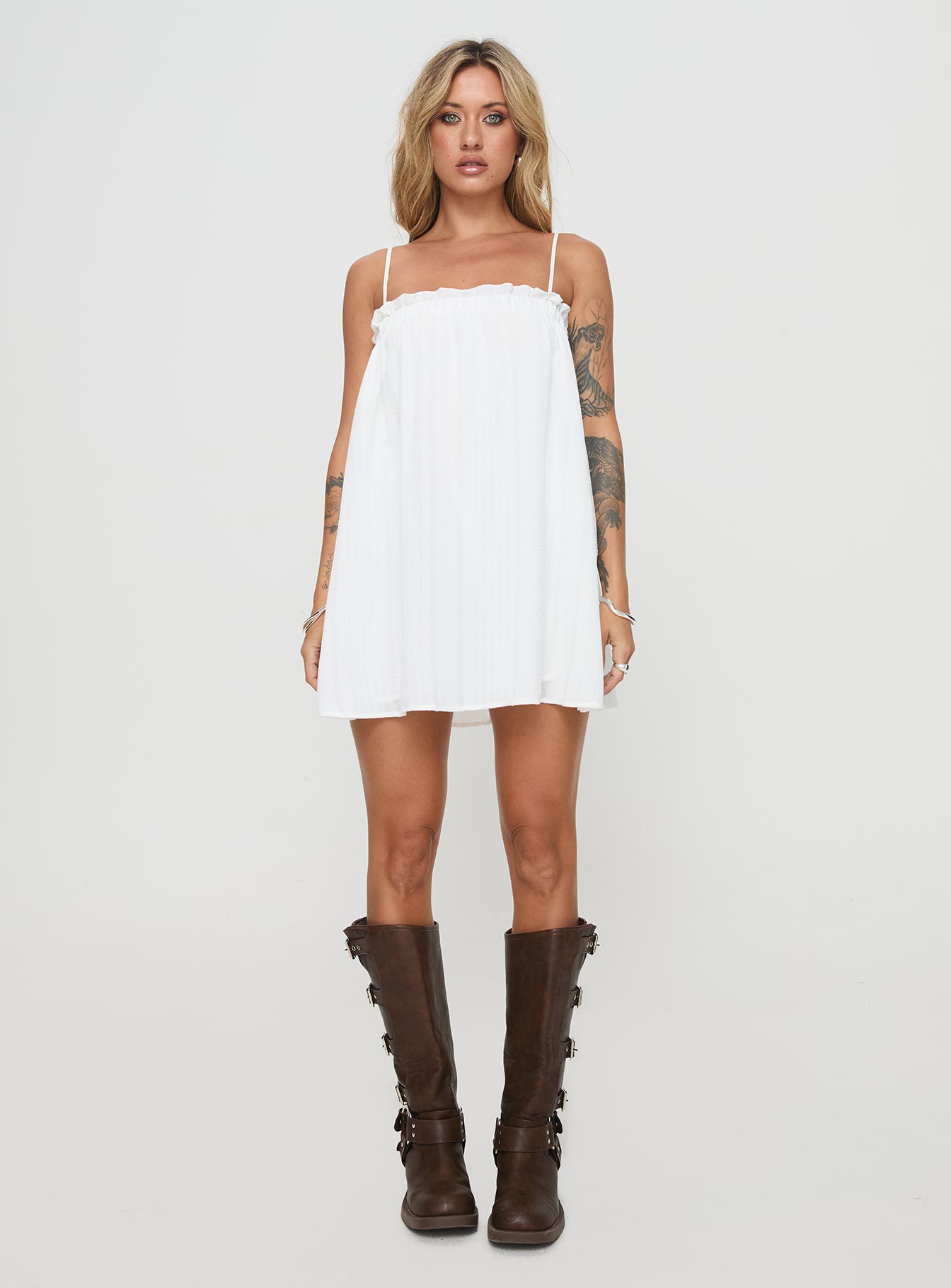 princess polly white mini dress Princess Polly Women's Marsaline Ruffle Trim Mini Sundress - White