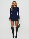 front view of model wearing Princess Polly Lukea Long Sleeve Mini Dress Navy Boat Neck 