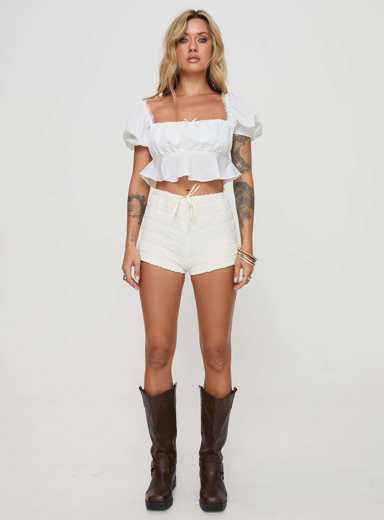 front view of model wearing Princess Polly Tovar Top White Short Sleeves Square Neck 