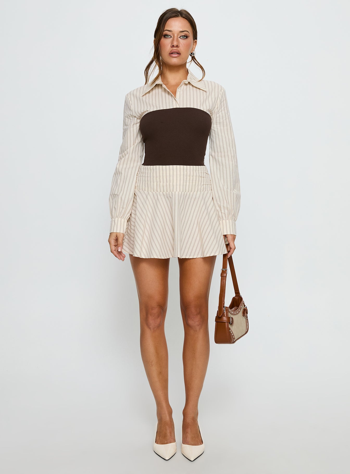 Belva Long Sleeve Corset Shirt Mini Dress Brown Stripe