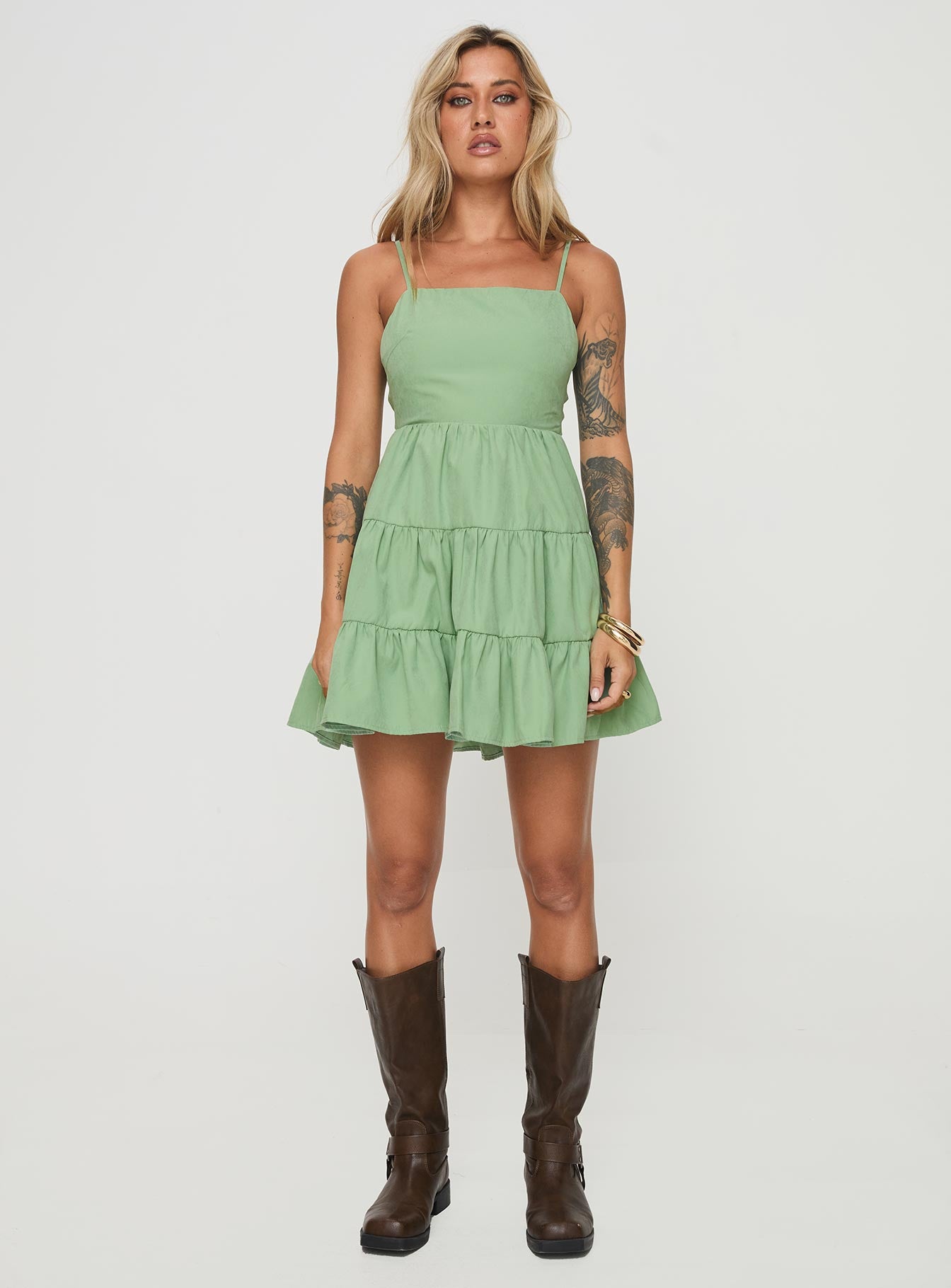 front view of model wearing Princess Polly Summer Break Mini Dress Sage Square Neck 