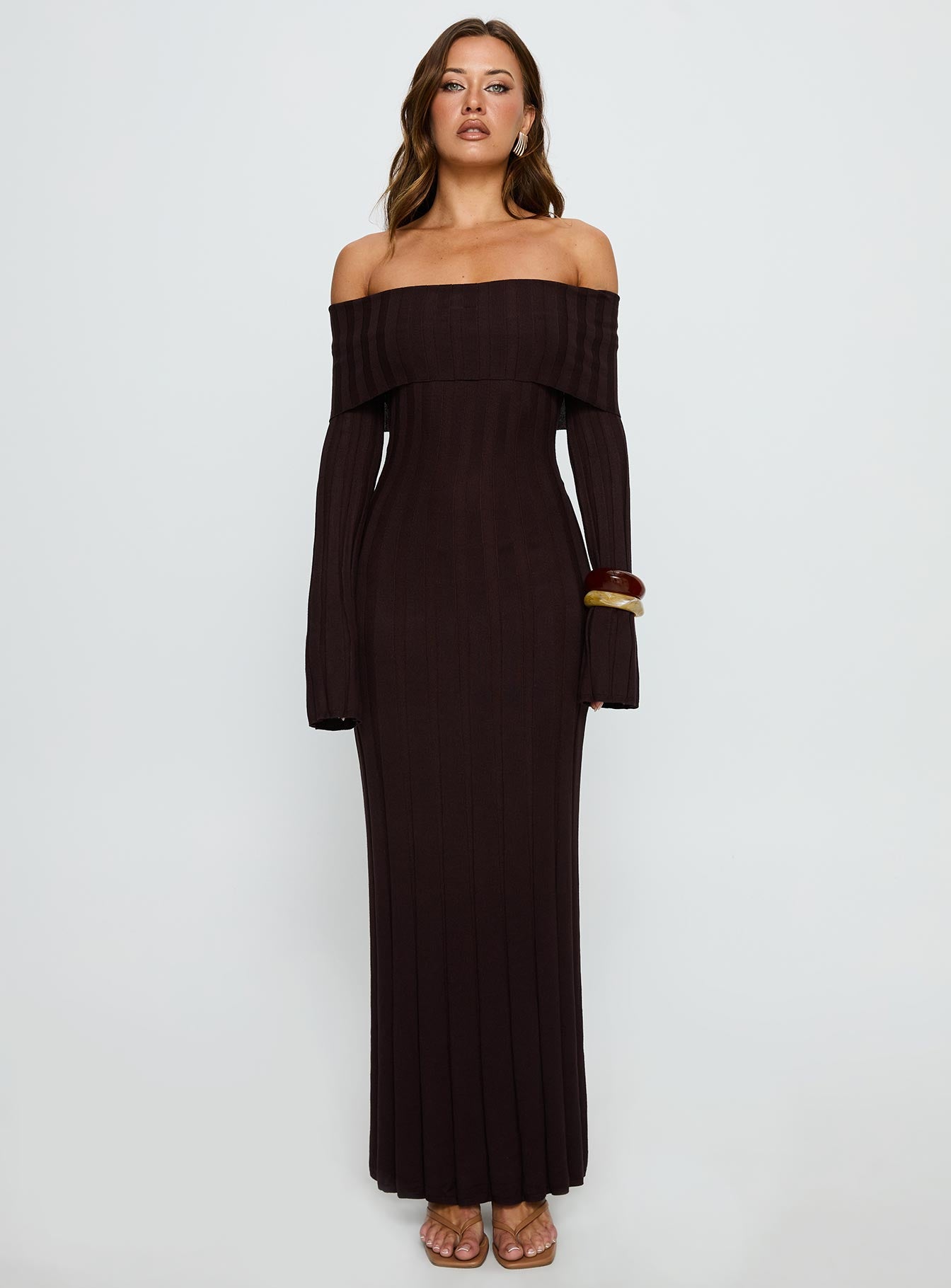 Ellouisa Long Sleeve Rib Maxi Dress Chocolate