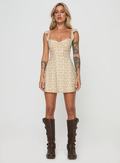 front view of model wearing Princess Polly Landon Mini Dress Yellow Floral Sweetheart Neckline 