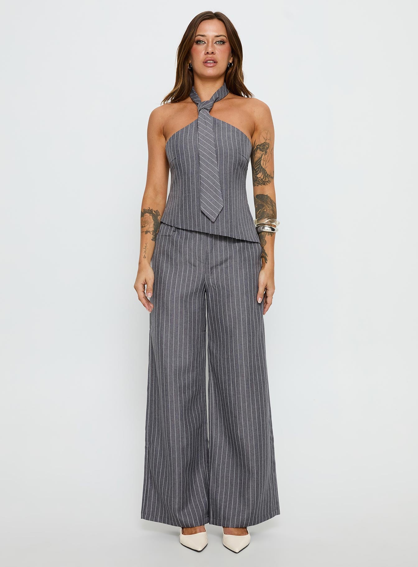 Uvelia Tailored Pants Grey Pinstripe | Princess Polly