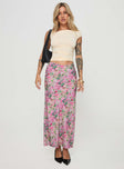 Floral print maxi skirt V-waist, invisible zip fastening, leg slit Non-stretch material, fully lined