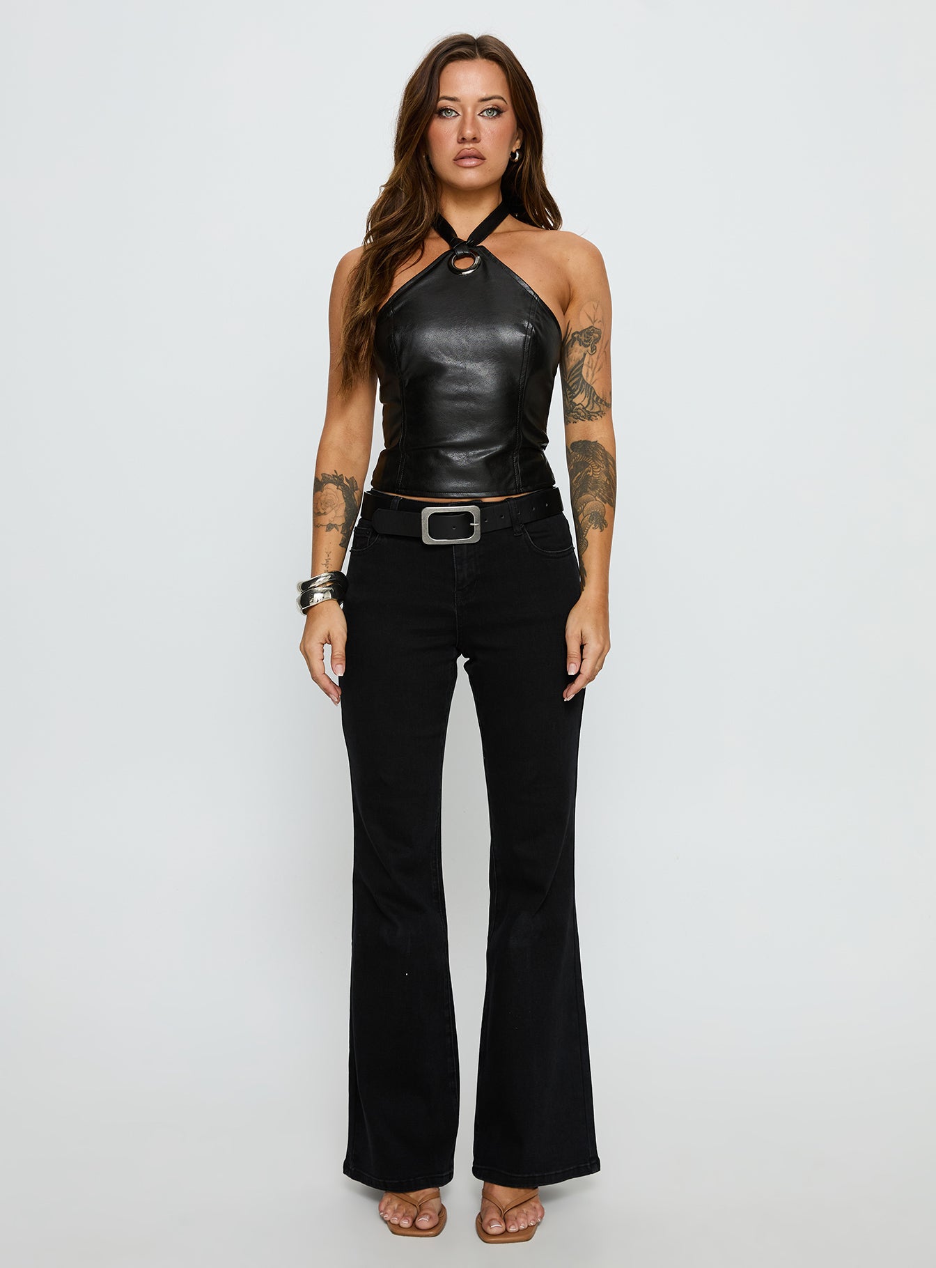 Treat You Better Ring Detail Faux Leather Top Black