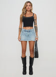 front view of model wearing Princess Polly Mitzo Mid Rise Denim Skort Light Wash High Waisted Shorts 