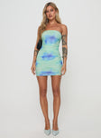 front view of model wearing Princess Polly Micah Mini Dress Blue Floral Straight Neck 