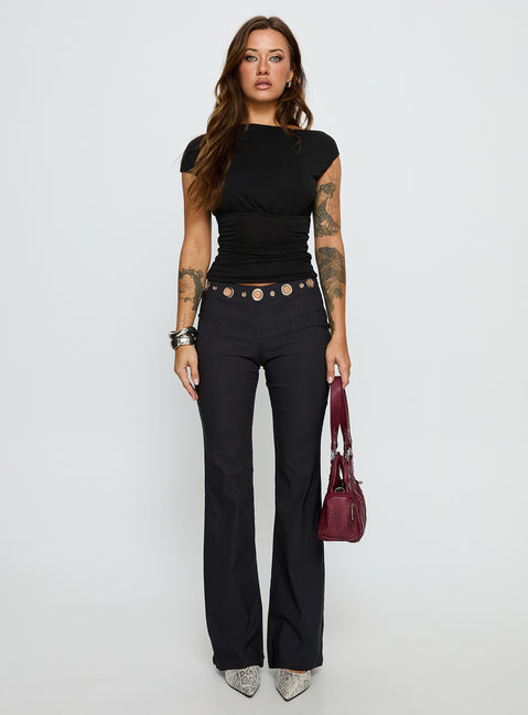 front view of model wearing Princess Polly True Grit Eyelet Flare Pants Grey Mid Rise Pants 