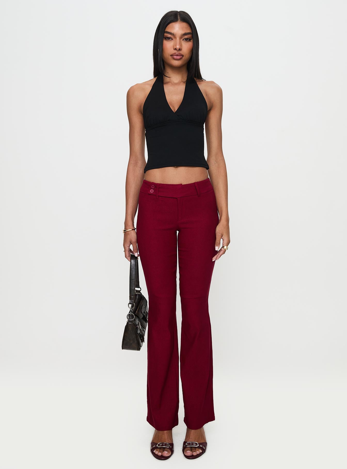 front view of model wearing Princess Polly Kinkirk Flared Pants Burgundy Low Rise Pants 