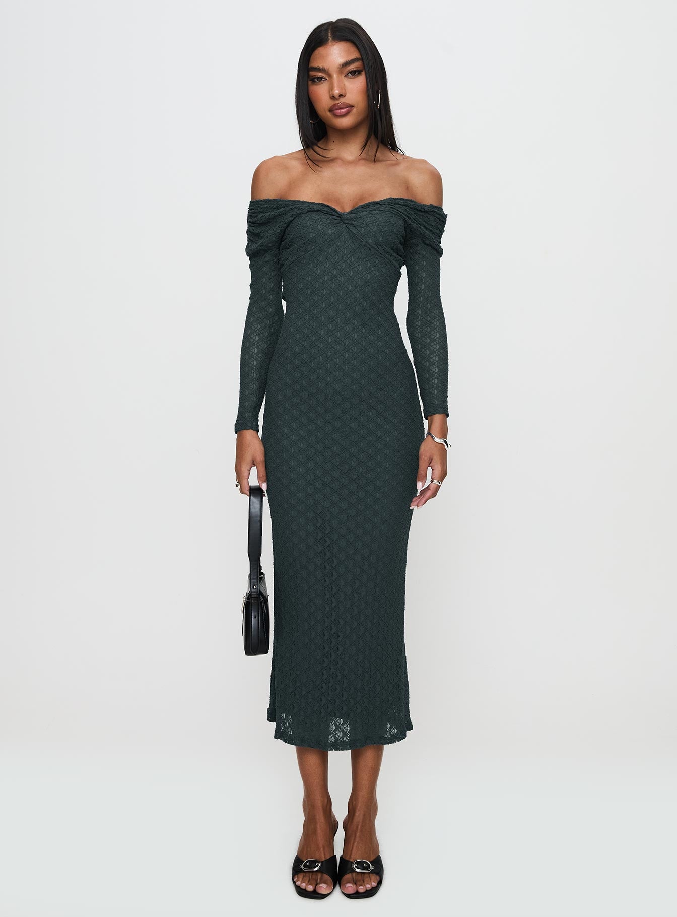 front view of model wearing Princess Polly Elexis Off The Shoulder Maxi Dress Blue V-Neck 