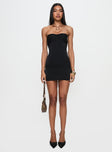 front view of model wearing Princess Polly Irena Strapless Mini Dress Black Sweetheart Neckline 