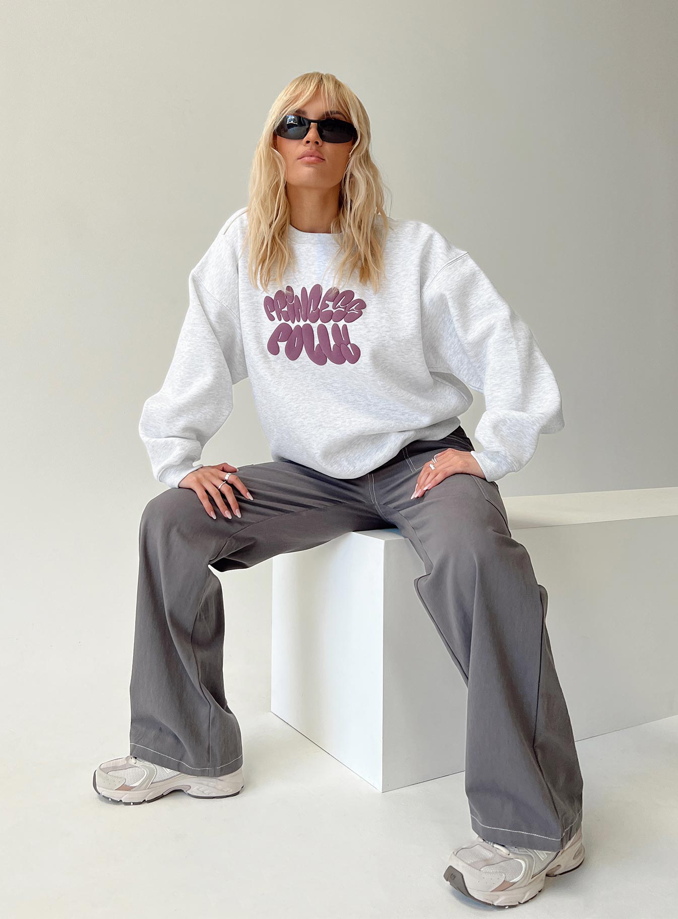 Princess Polly Crew Neck Sweatshirt Bubble Text Grey Marle / Burgundy Princess Polly  regular 