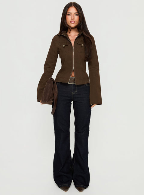 Kelehan Long Sleeve Zip Front Top Stonewashed Brown