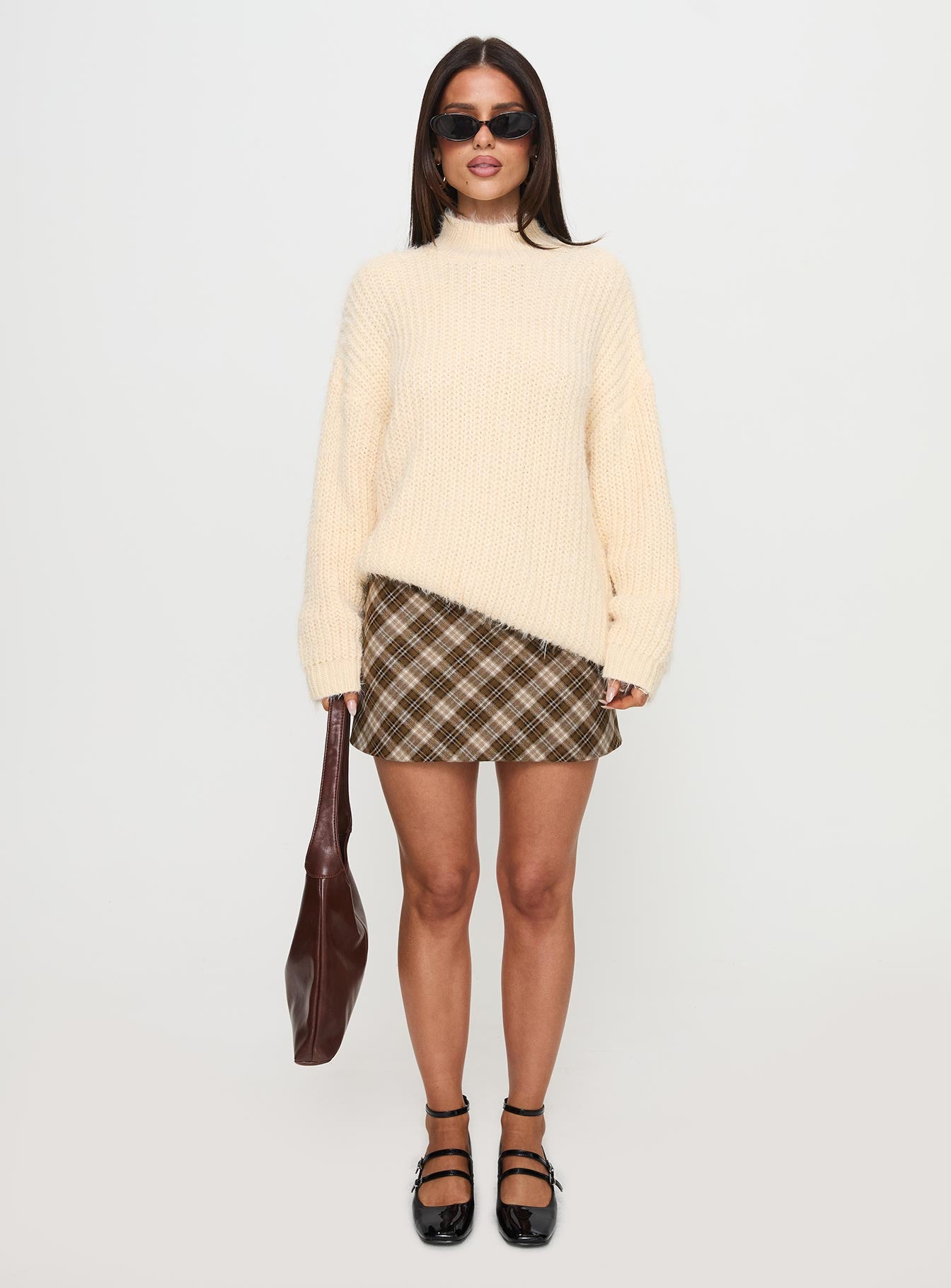 front view of model wearing Princess Polly Abott Sweater Butter Long 