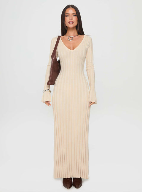 Gratuita Long Sleeve Rib Maxi Dress | Cream | Womens