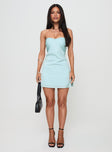 side view of model wearing Princess Polly Irena Strapless Mini Dress Light Blue Petite Sweetheart Neckline 