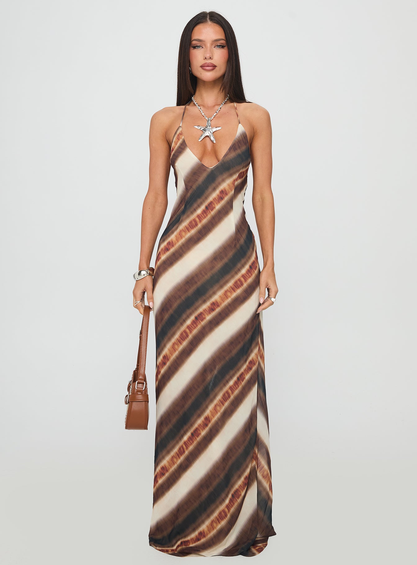 Esmira Halter Maxi Dress | Brown Stripe | Womens | Princess Polly Lower Impact Esmira Halter Maxi Dress | Brown Stripe | Womens | Princess Polly Lower Impact