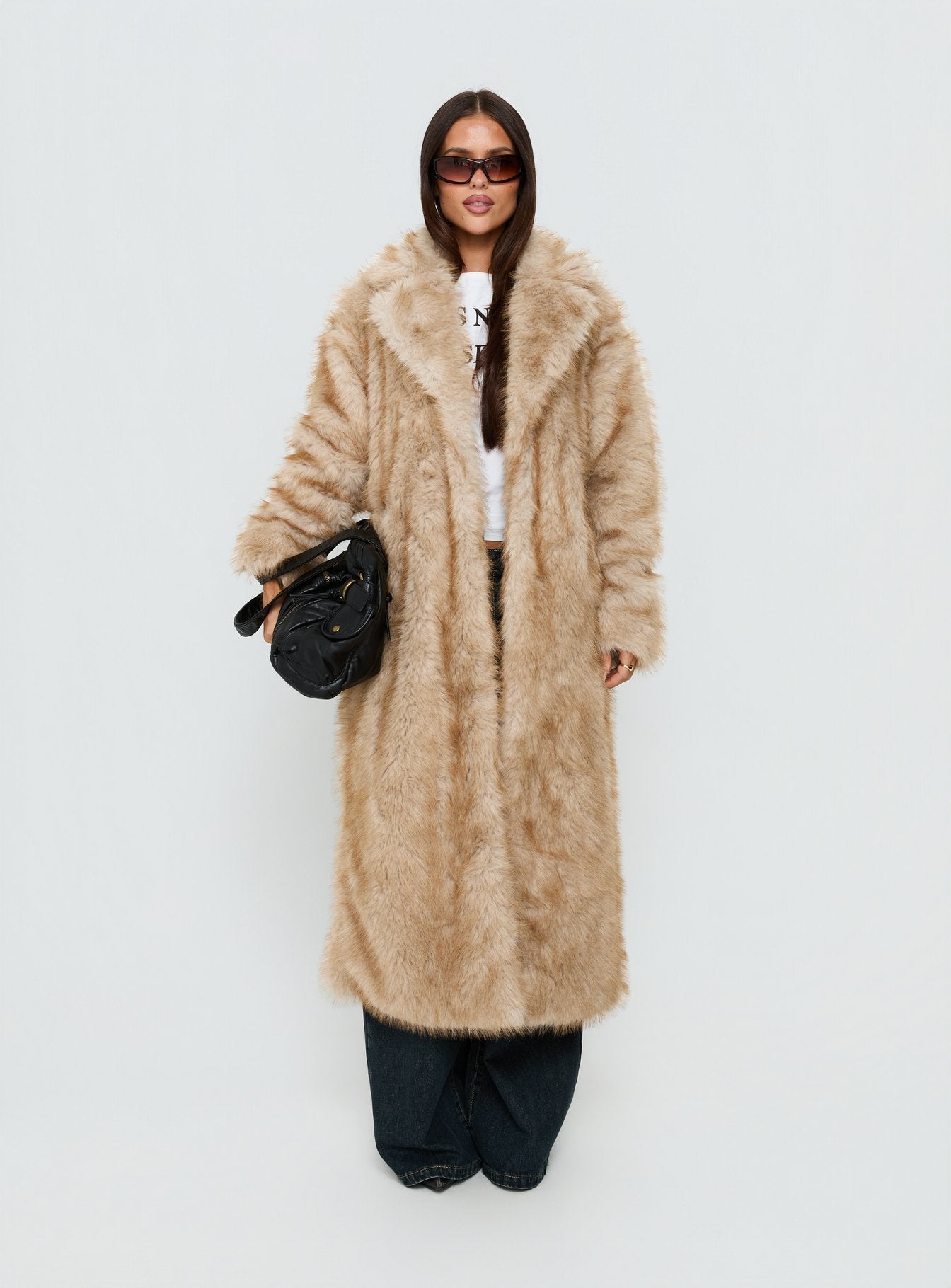 End Of Beginning Faux Fur Longline Jacket Beige