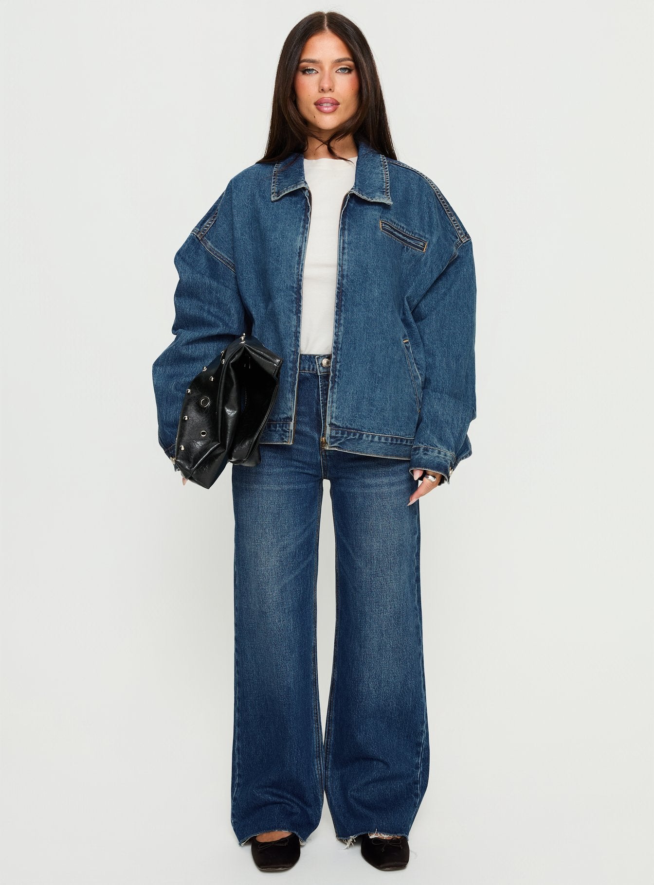 front view of model wearing Princess Polly Fawcett High Rise Straight Leg Jeans Dark Blue Wash High Rise Jeans 