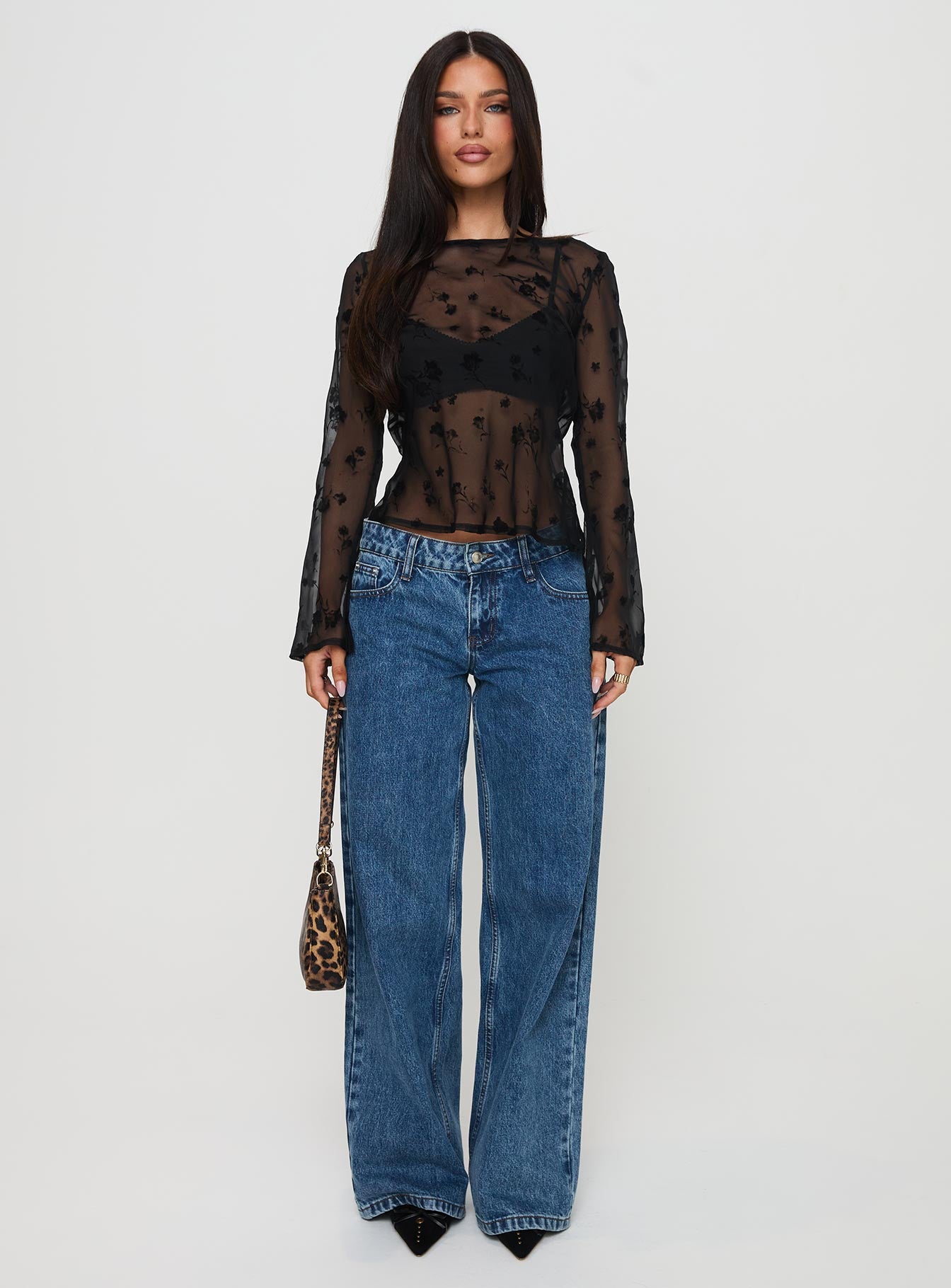 front view of model wearing Princess Polly Broken Clocks Long Sleeve Top Black Full Sleeves Crew Neck 