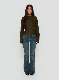 Kelehan Long Sleeve Faux Suede Zip Front Jacket Khaki