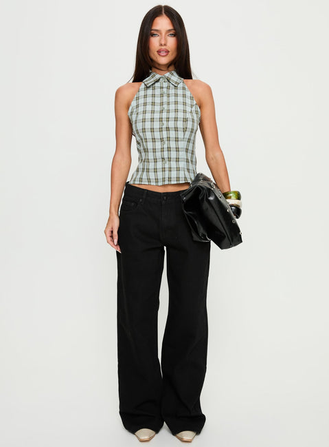 front view of model wearing Princess Polly Serenitia Mid Rise Relaxed Jeans Jet Black Mid Rise Jeans 