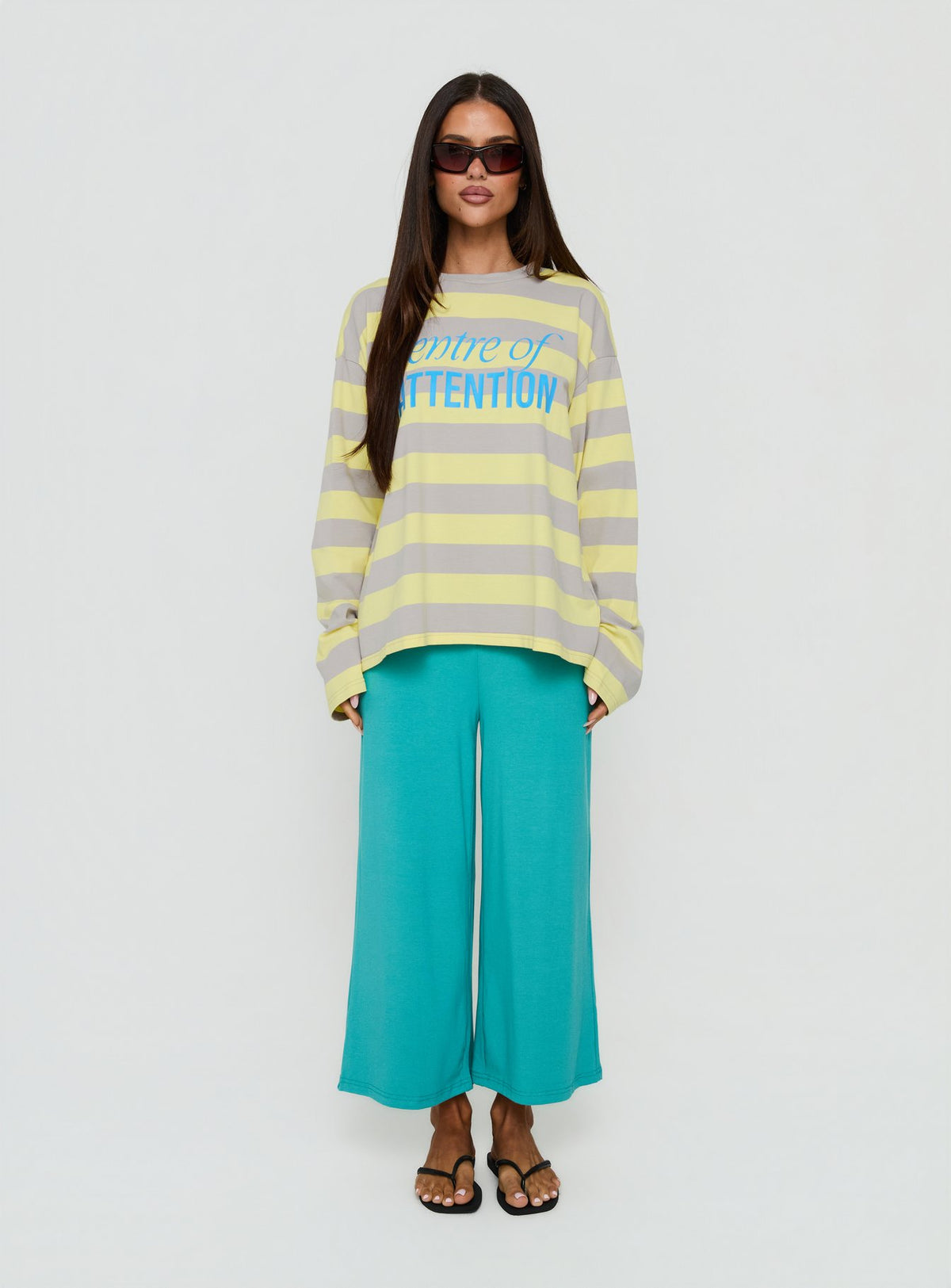Centre Of Attention Oversized Graphic Long Sleeve Top Yellow / Grey Stripe