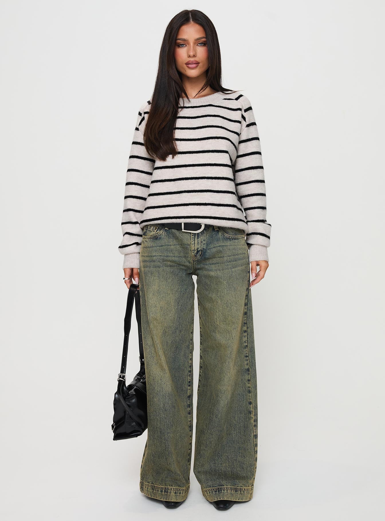 side view of model wearing Princess Polly Souvenirs Knit Sweater Grey Stripe 