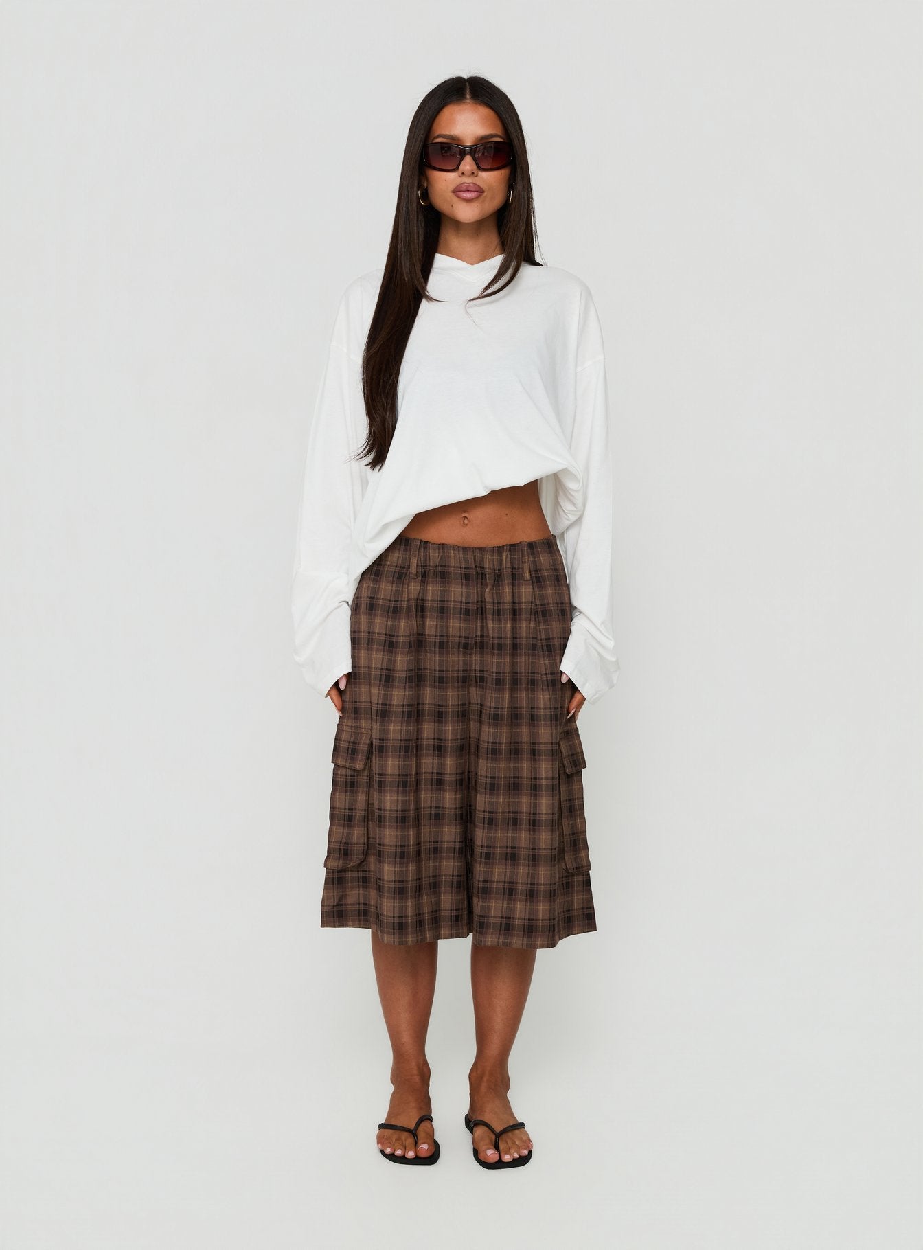 Brenn Baggy Longline Shorts Brown Plaid