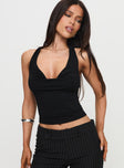 side view of model wearing Princess Polly Irina Multi-Wear Top Black Sleeveless Asymmetric Neckline 