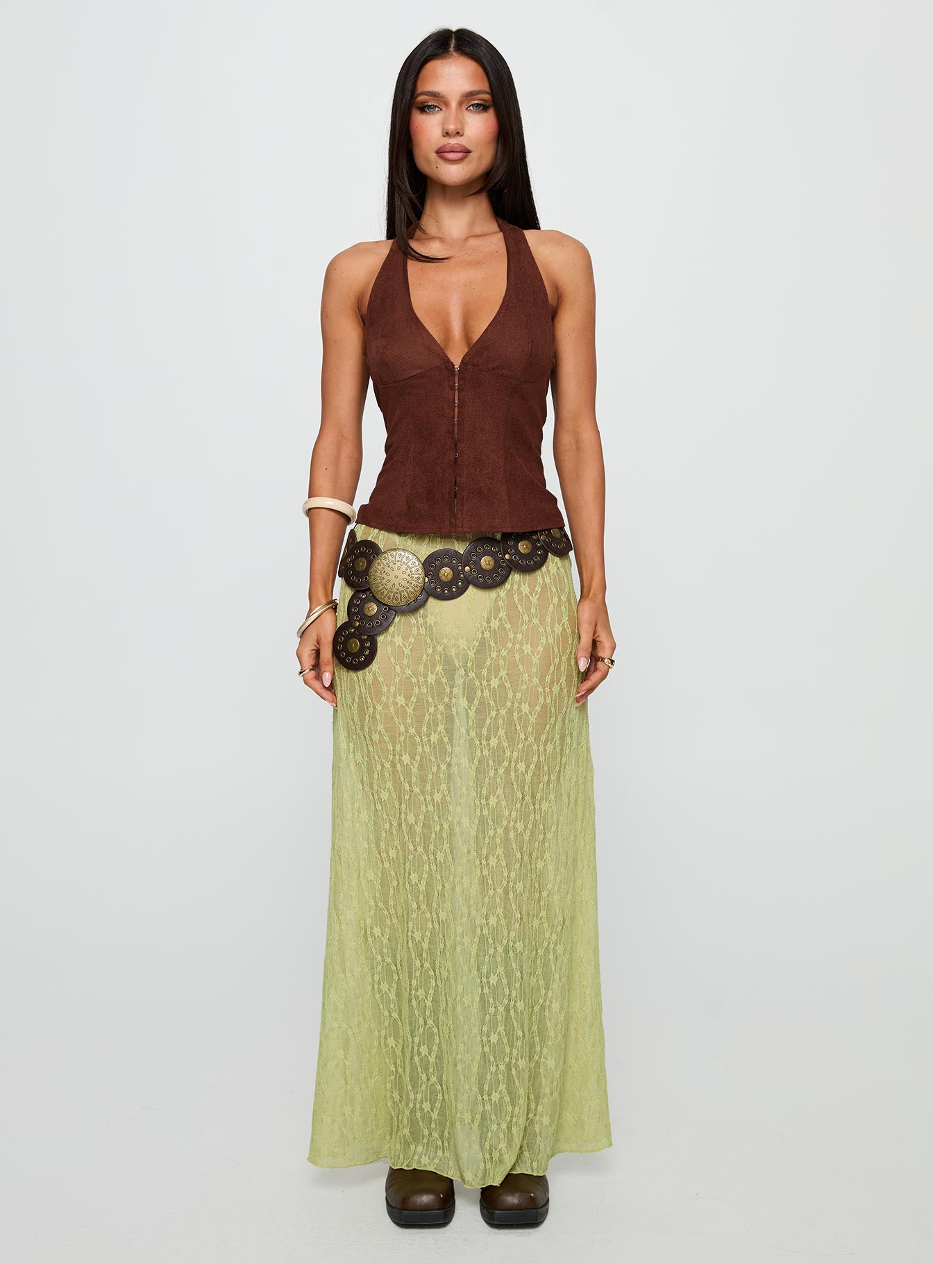   side view of model wearing Princess Polly Pura Vida Lace Maxi Skirt Sage Maxi 
