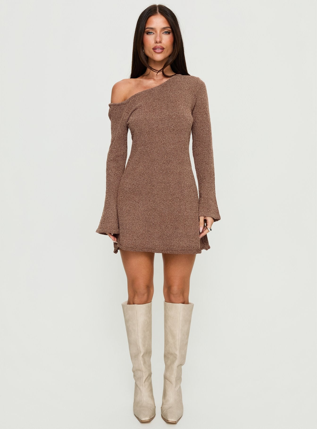 Jaede Off Shoulder Knit Mini Dress Mocha | Princess Polly