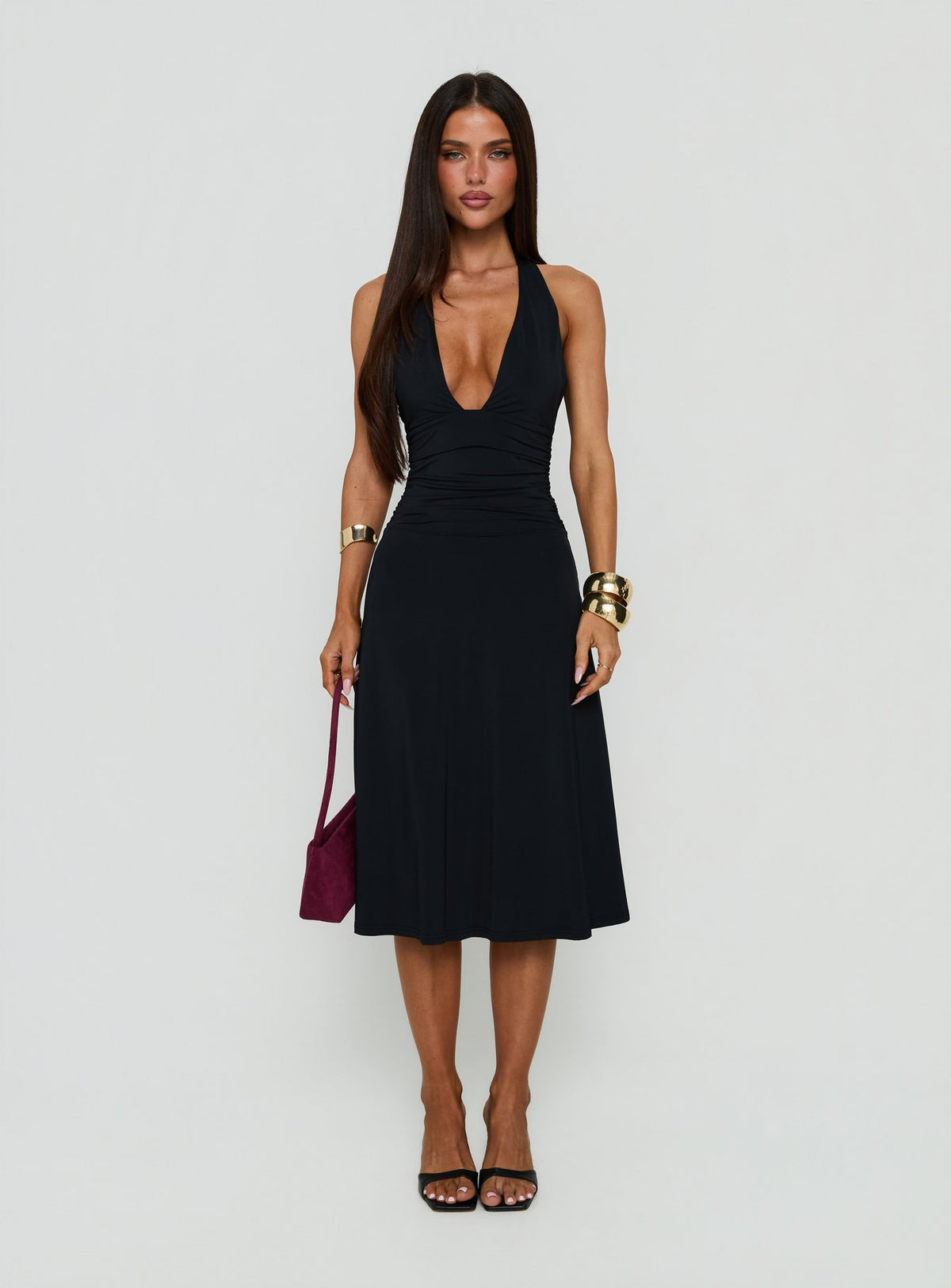 Zevani Plunge Halter Midi Dress Black