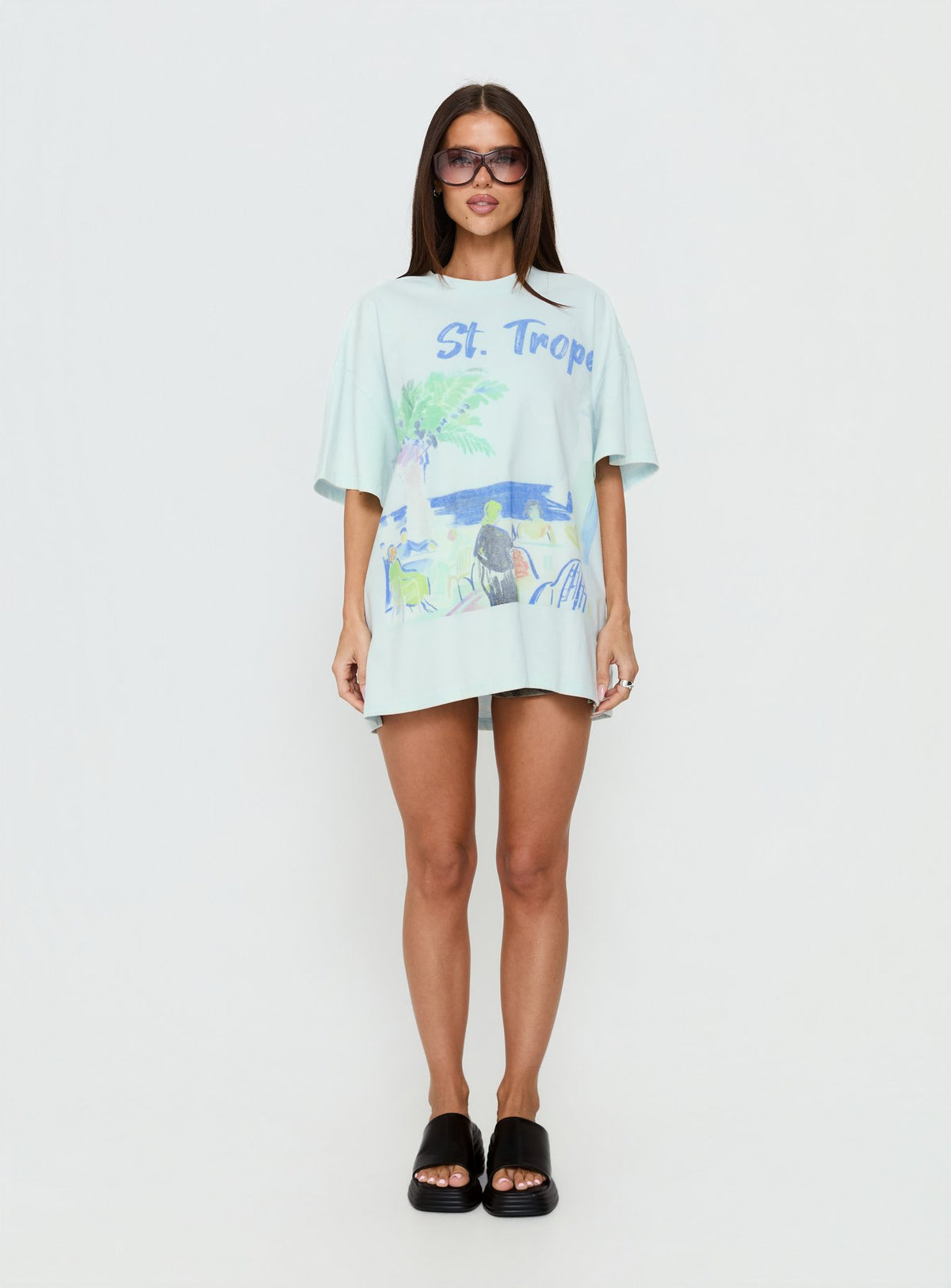 St Tropez Postcards Oversized Graphic Tee Washed Blue