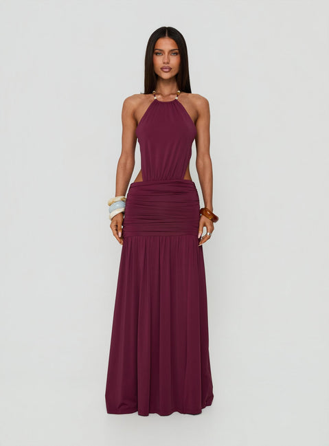 Tykaia Low Back Halter Maxi Dress Berry