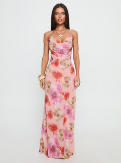 Sibellah Beaded Cowl Neck Maxi Dress Pink Multi