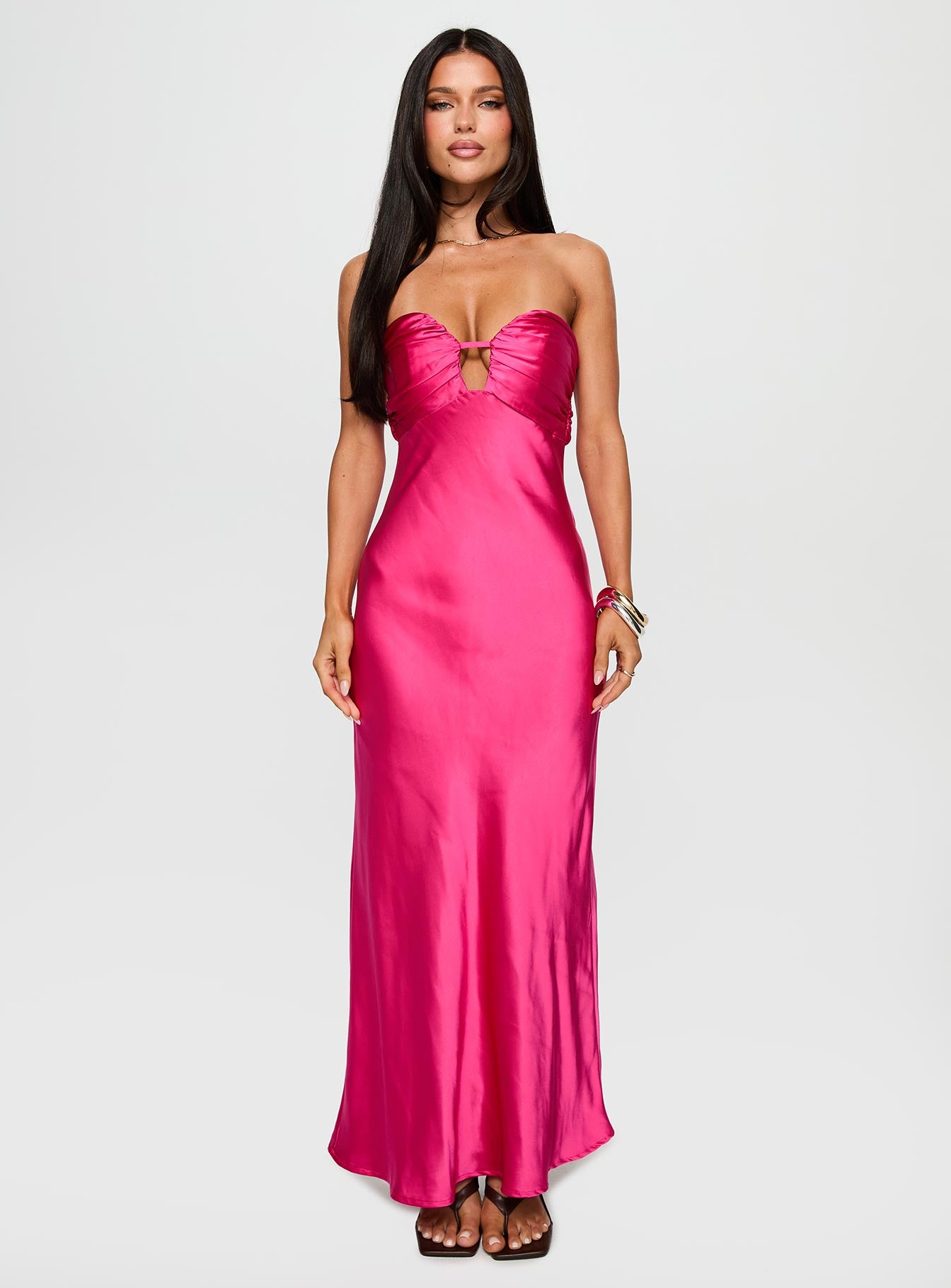 front view of model wearing Princess Polly Cyprian Strapless Maxi Dress Hot Pink Sweetheart Neckline 