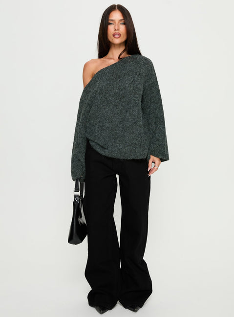 front view of model wearing Princess Polly Delyn Off Shoulder Slouchy Knit Sweater Black Marle 