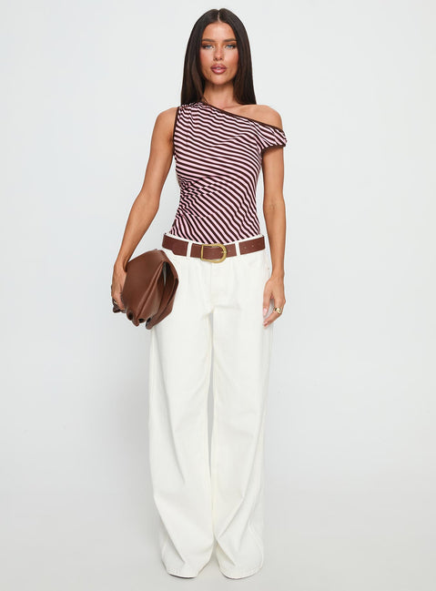 side view of model wearing Princess Polly Ayviana One Shoulder Bodysuit Pink / Brown Stripe Sleeveless 