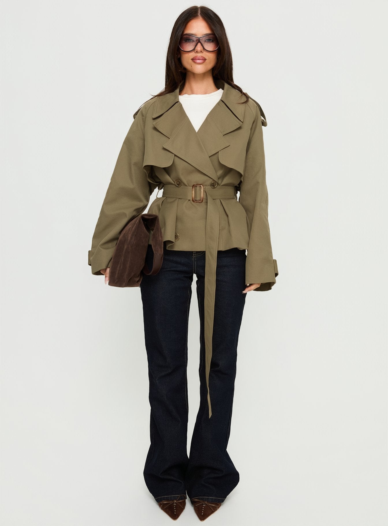 Eldora Cropped Trench Coat Green | Princess Polly
