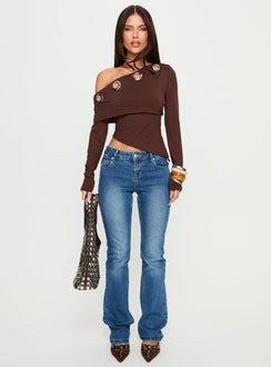 Noteworthy Eyelet Detail Long Sleeve Off Shoulder Top Chocolate
