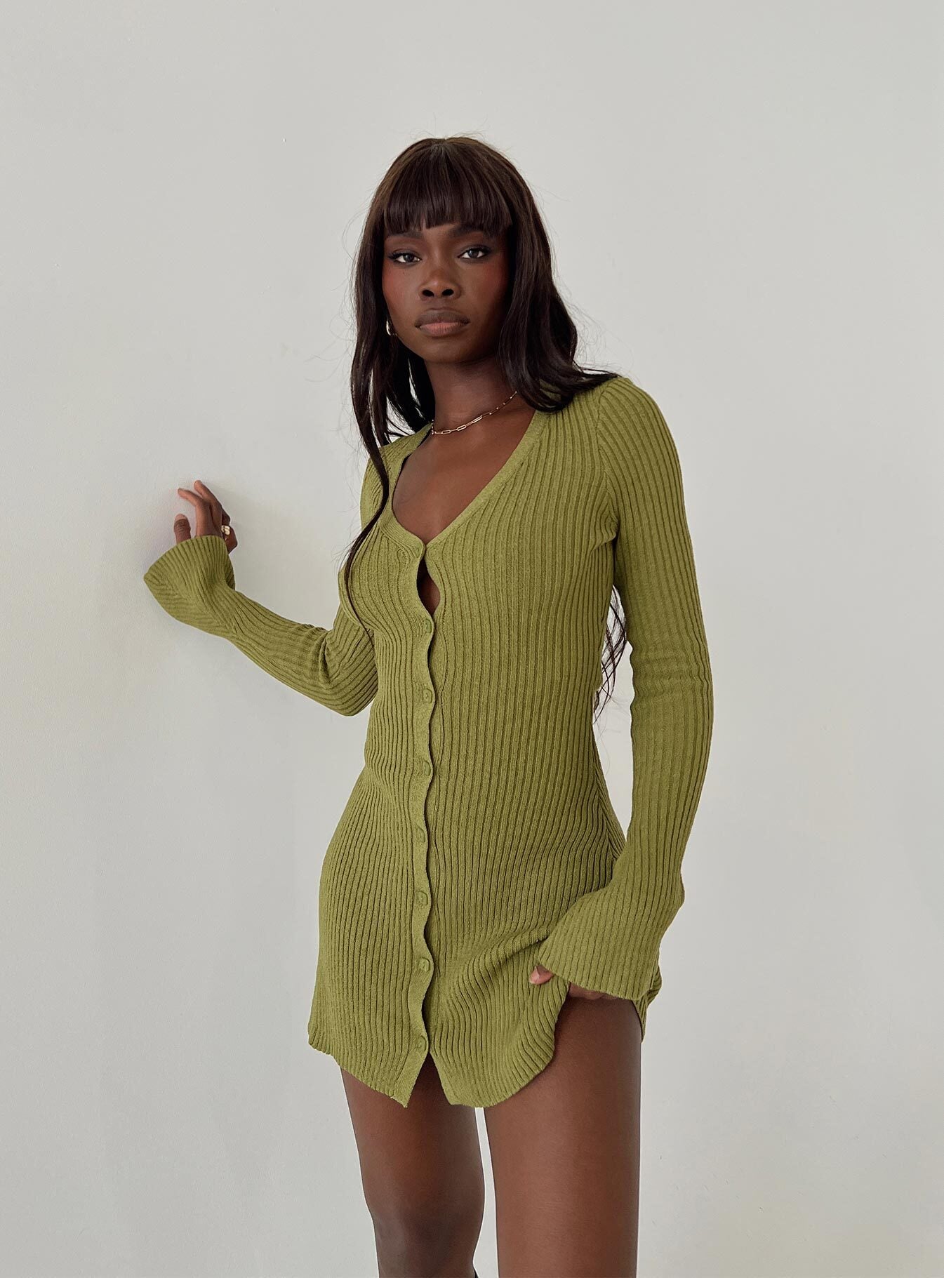 Waldin Long Sleeve Mini Dress Olive | Princess Polly