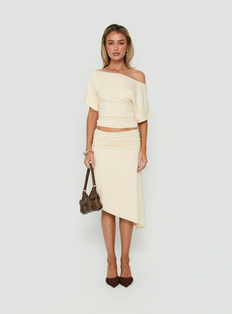 Sezzia Ruched Asymmetrical Midi Skirt Beige