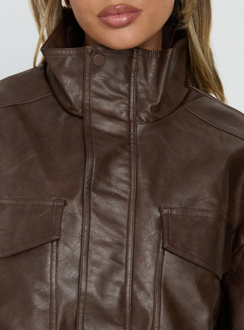 Ace Player Funnel Neck Faux Leather Jacket Brown Petite