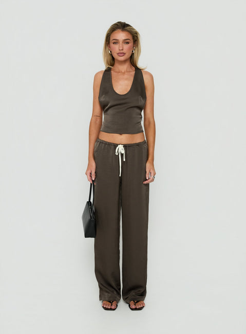 Dialled Up Tie Waist Satin Pants Mocha