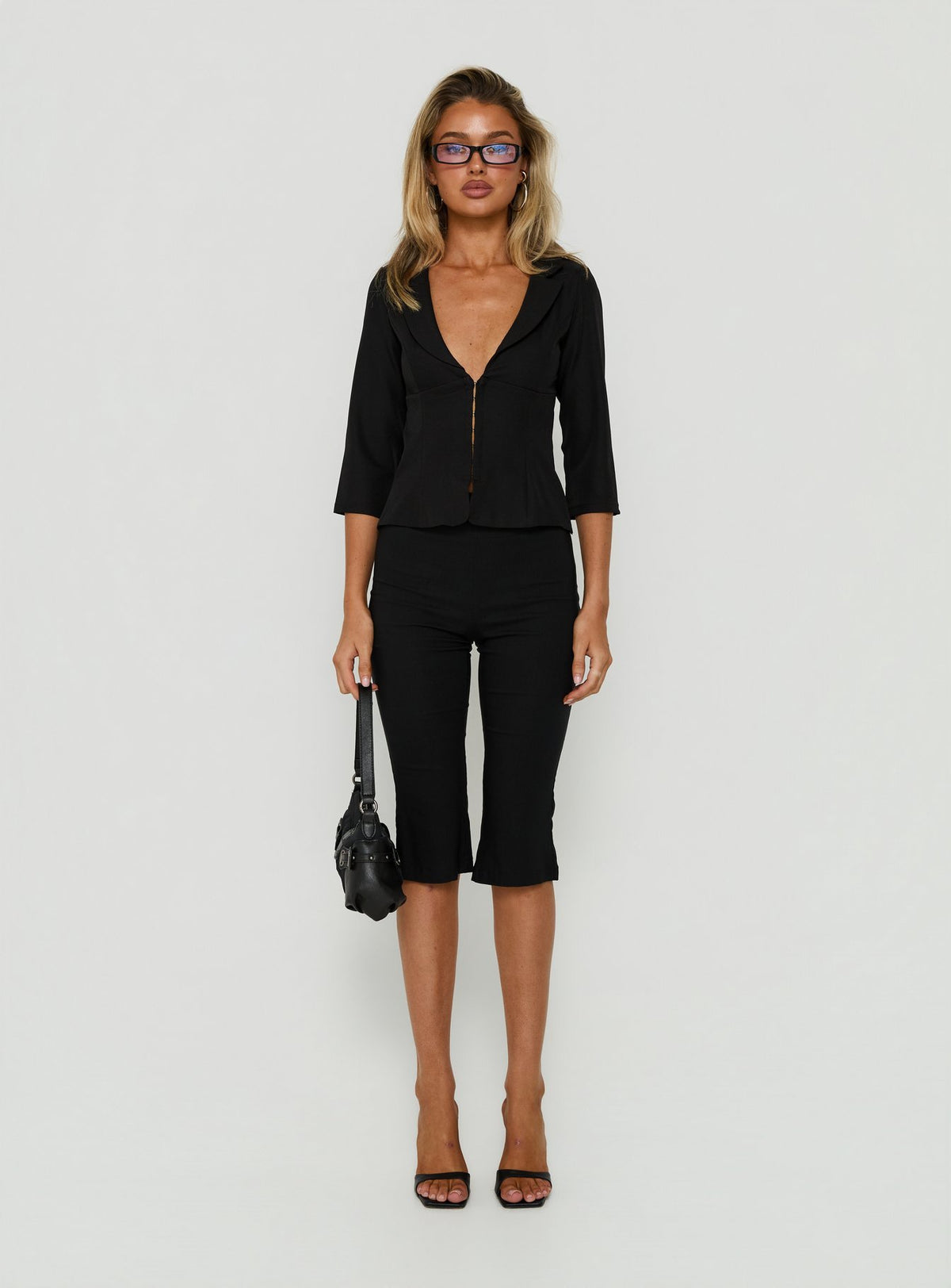 Aaira 3/4 Sleeve Cinched Waist Collared Shirt Black