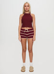 front view of model wearing Princess Polly Arianell Halter Knit Top Maroon Sleeveless High Neck 