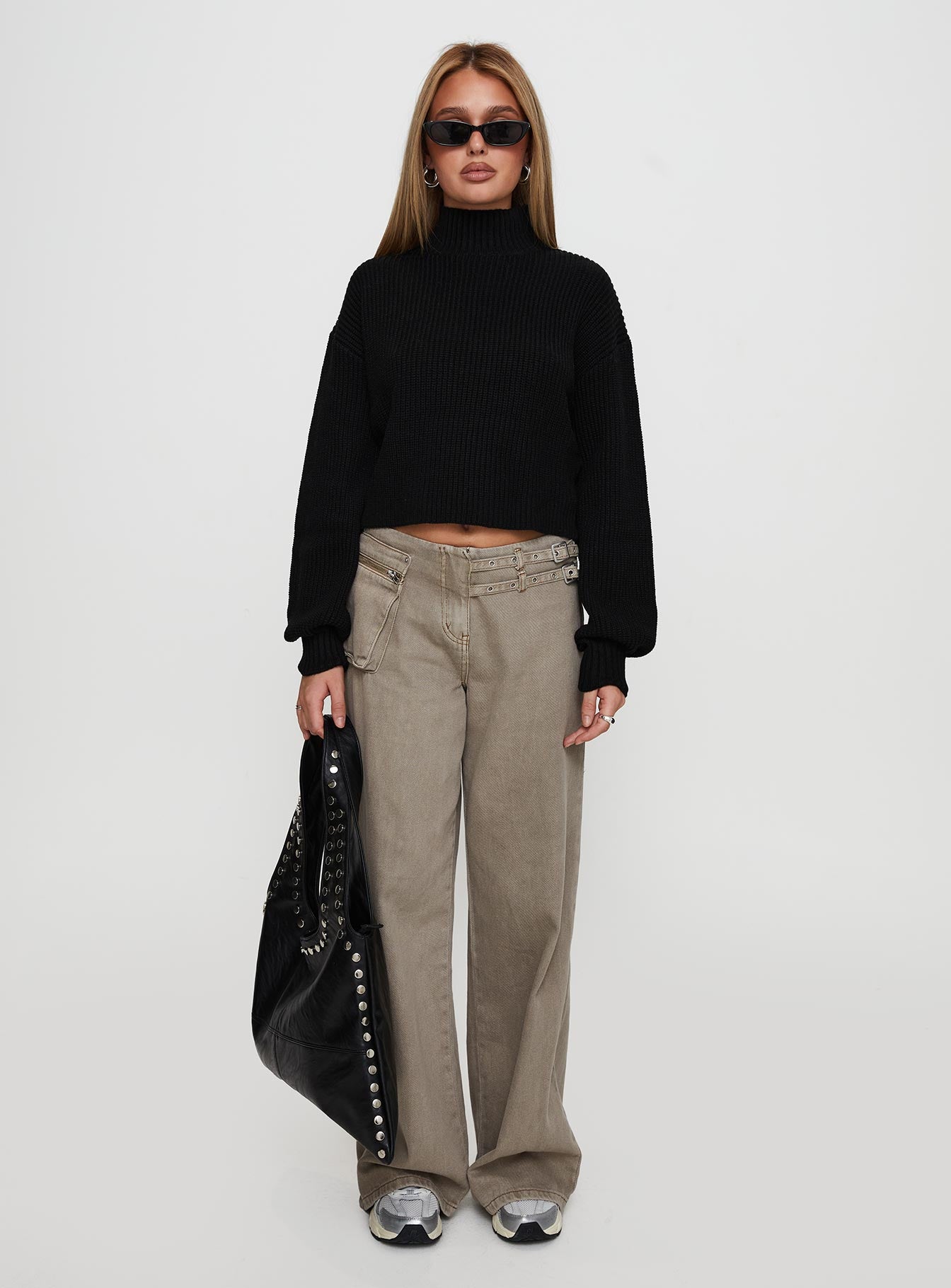 front view of model wearing Princess Polly Sayge Mock Neck Knit Sweater Black cropped 