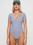 front view of model wearing Princess Polly Brynne Bodysuit White / Navy Stripe Short Sleeves 